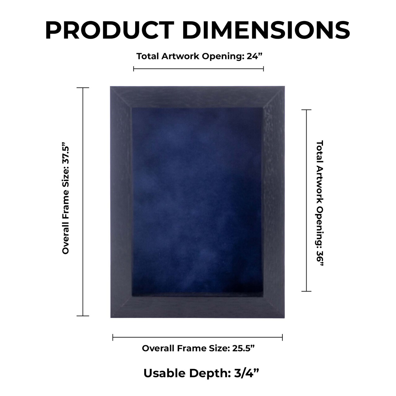 Black Wood Grain Shadow Box Frame with Acrylic Front - Navy Blue Suede Backing, 30 Sizes